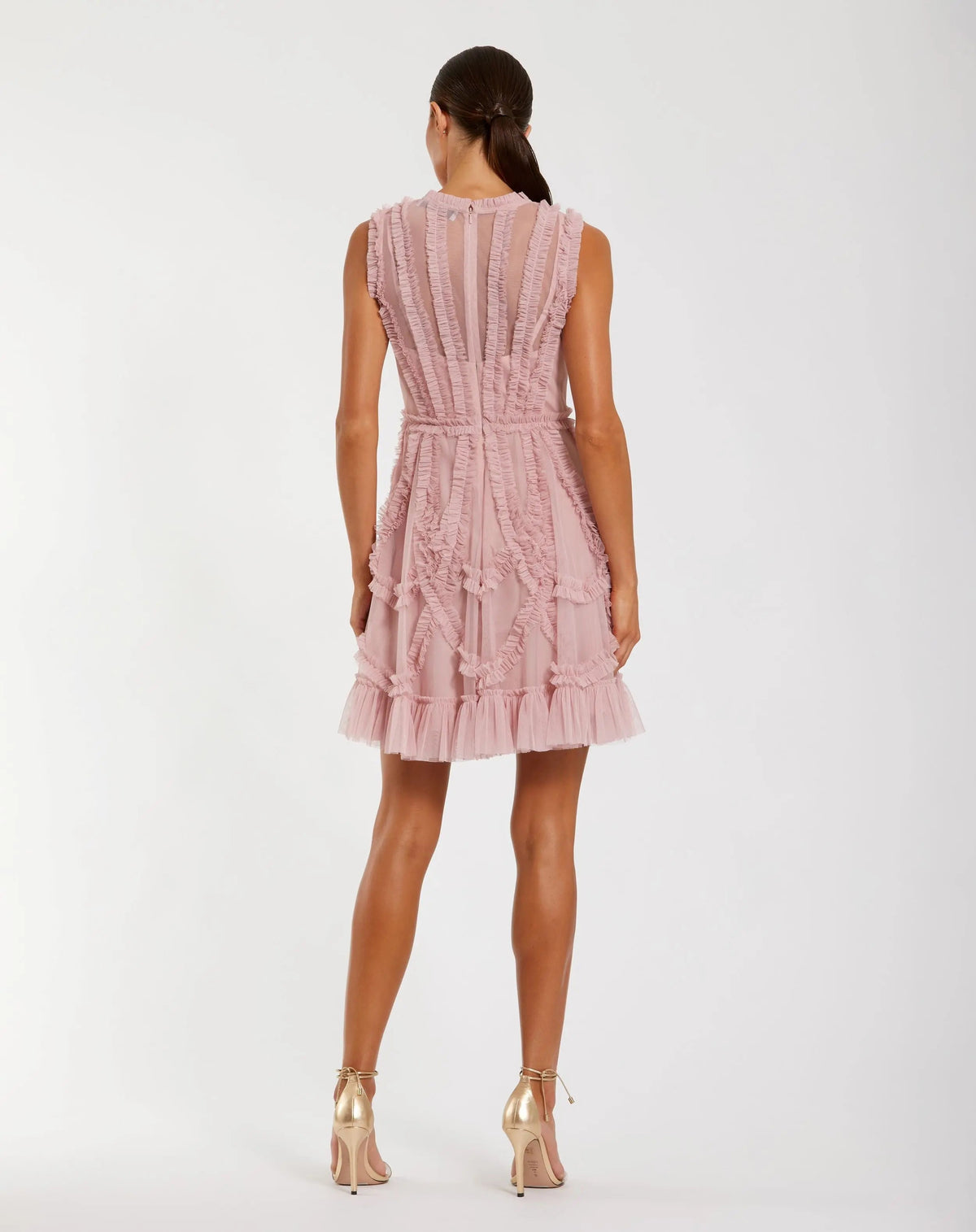 Mac Duggal Pink High Neck Sleeveless Micro Ruffle Mini Dress