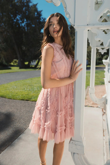 Mac Duggal Pink High Neck Sleeveless Micro Ruffle Mini Dress