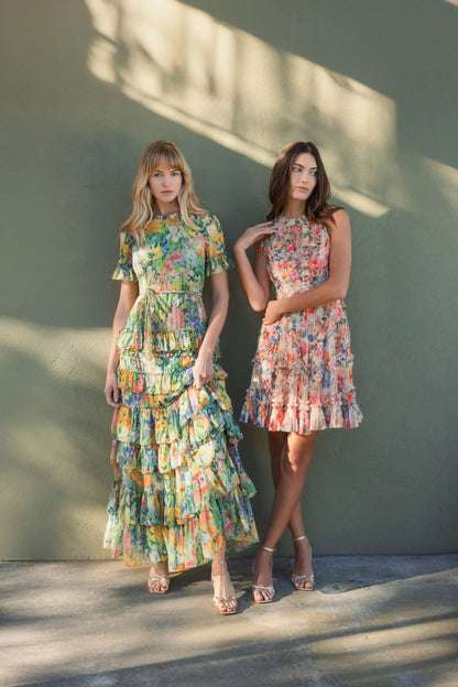 Mac Duggal Multicolor Micro Ruffle Floral A-Line Mini Dress