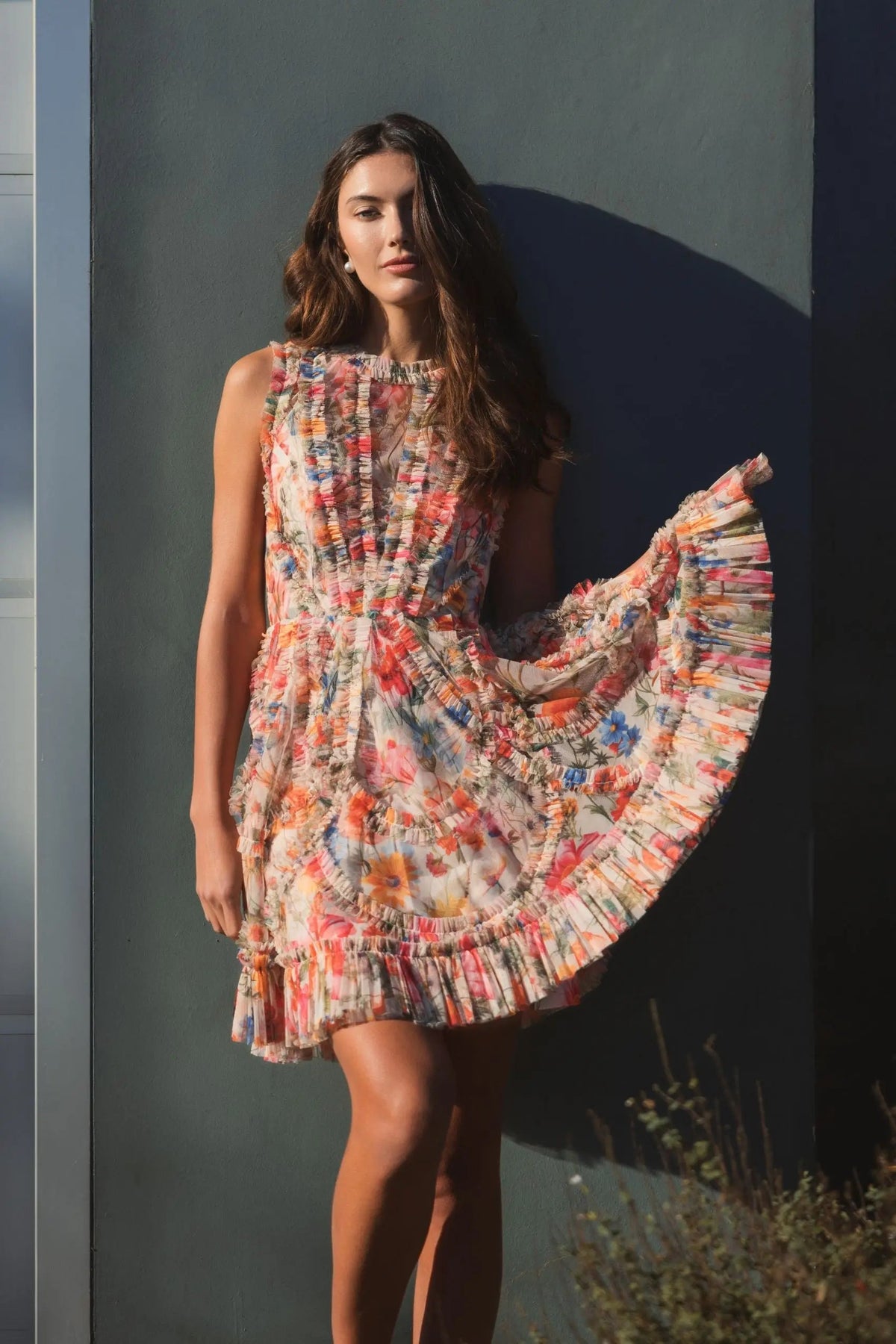 Mac Duggal Multicolor Micro Ruffle Floral A-Line Mini Dress