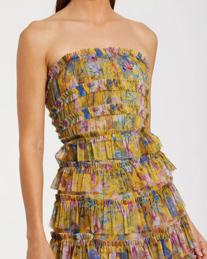 Mac Duggal Yellow Floral Strapless Ruffle Maxi Dress