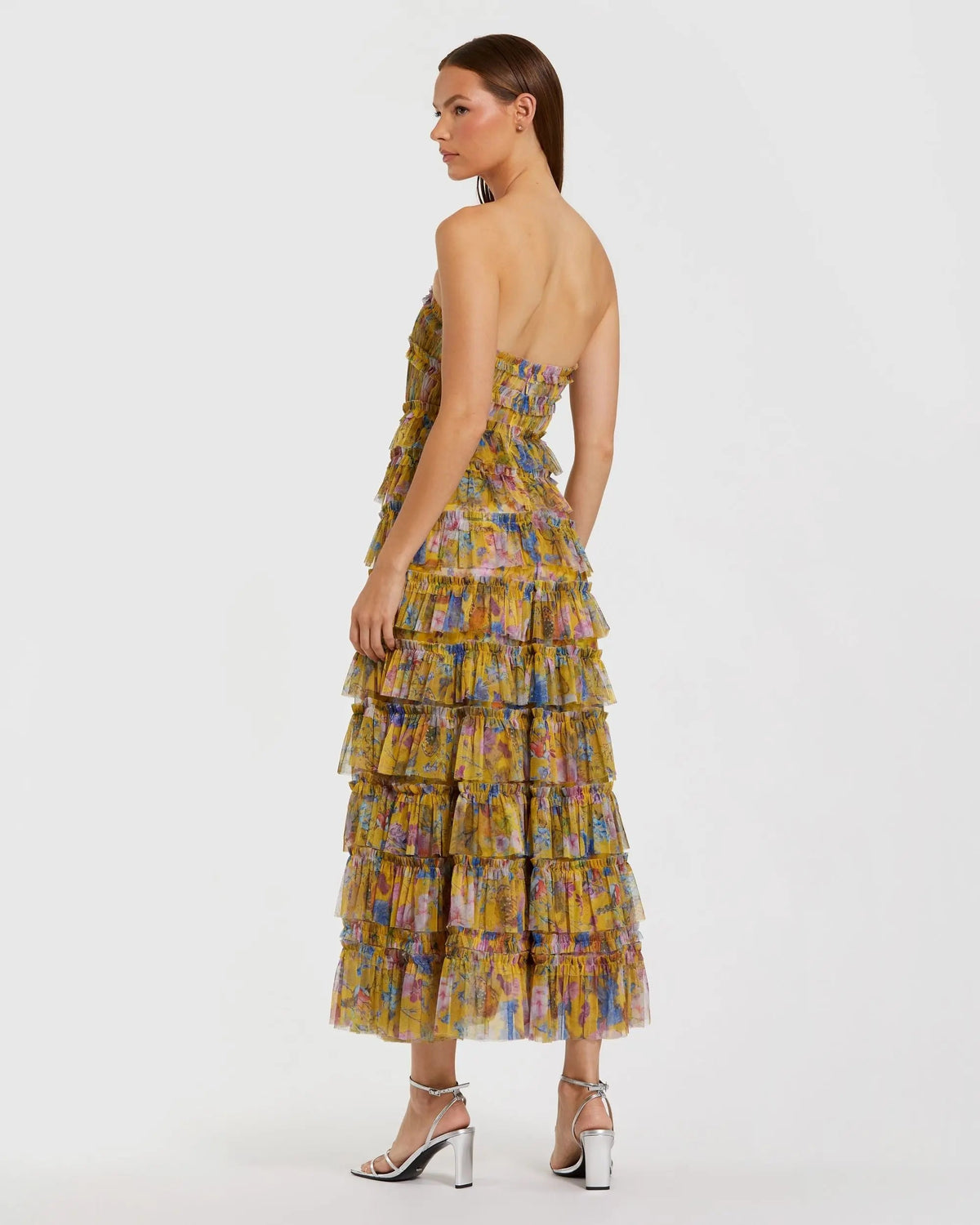 Mac Duggal Yellow Floral Strapless Ruffle Maxi Dress