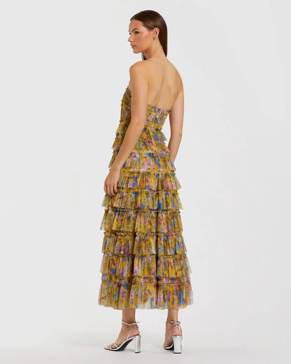 Mac Duggal Yellow Floral Strapless Ruffle Maxi Dress