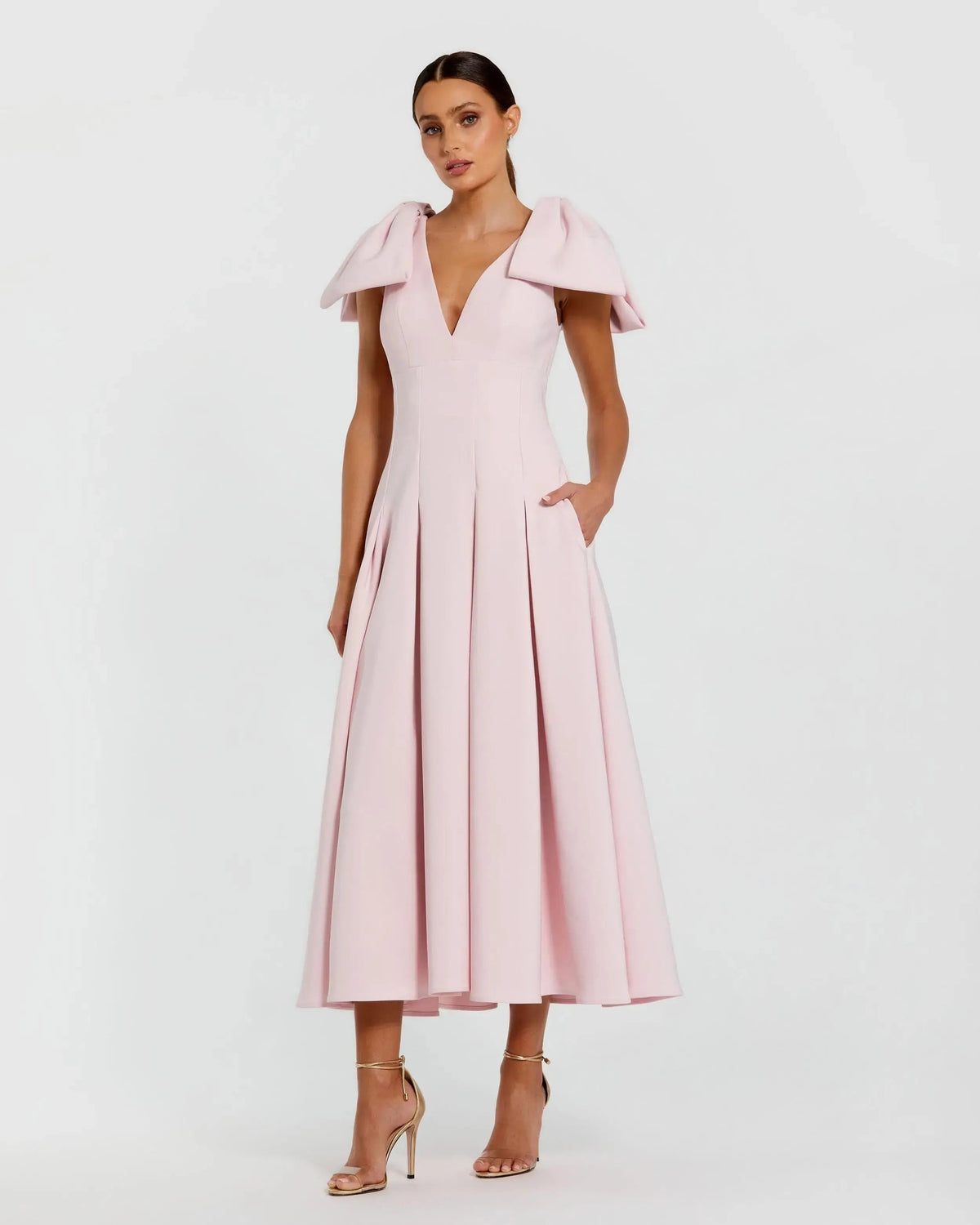 Mac Duggal Pink Crepe A Line Midi Dress With Bow Straps