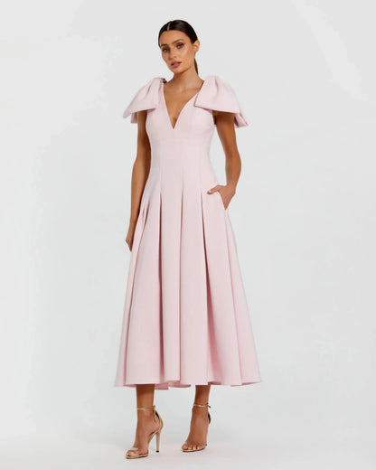 Mac Duggal Pink Crepe A Line Midi Dress With Bow Straps