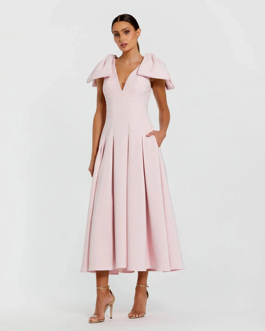 Mac Duggal Pink Crepe A Line Midi Dress With Bow Straps