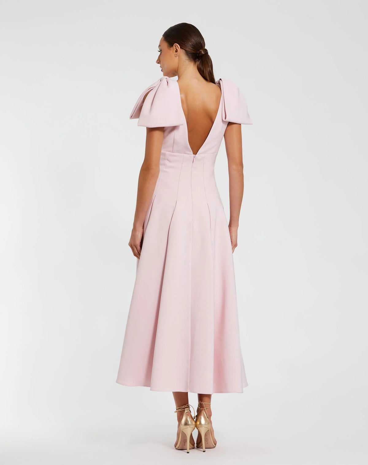 Mac Duggal Pink Crepe A Line Midi Dress With Bow Straps