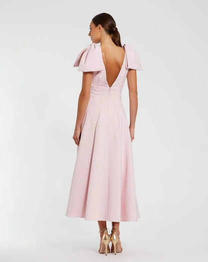 Mac Duggal Pink Crepe A Line Midi Dress With Bow Straps