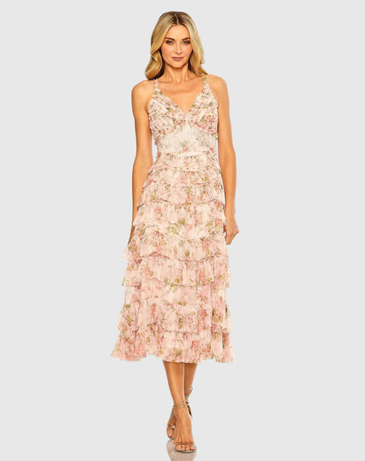 Mac Duggal Pink Sleeveless V Neck Floral Mesh Ruffle Midi Dress
