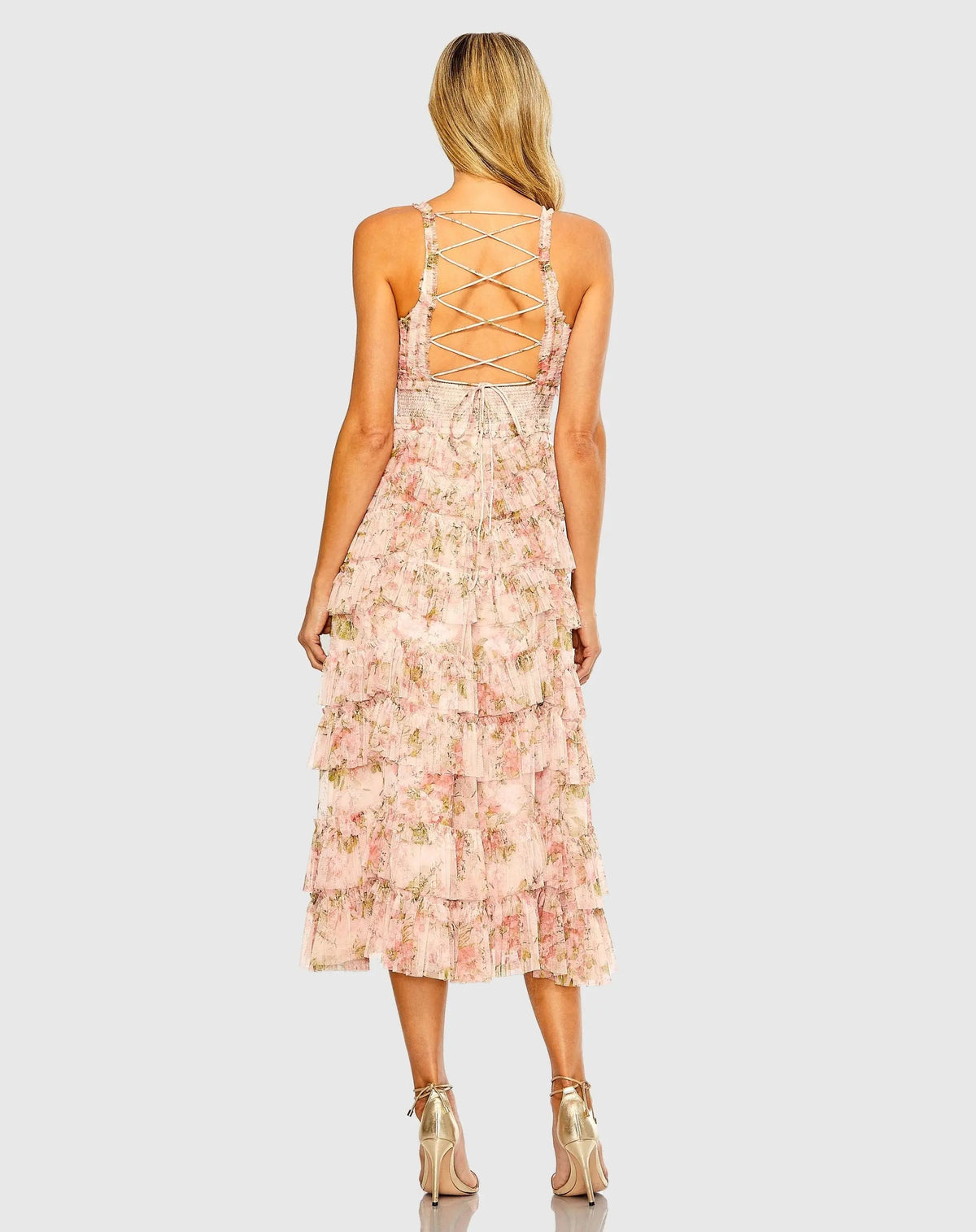 Mac Duggal Pink Sleeveless V Neck Floral Mesh Ruffle Midi Dress