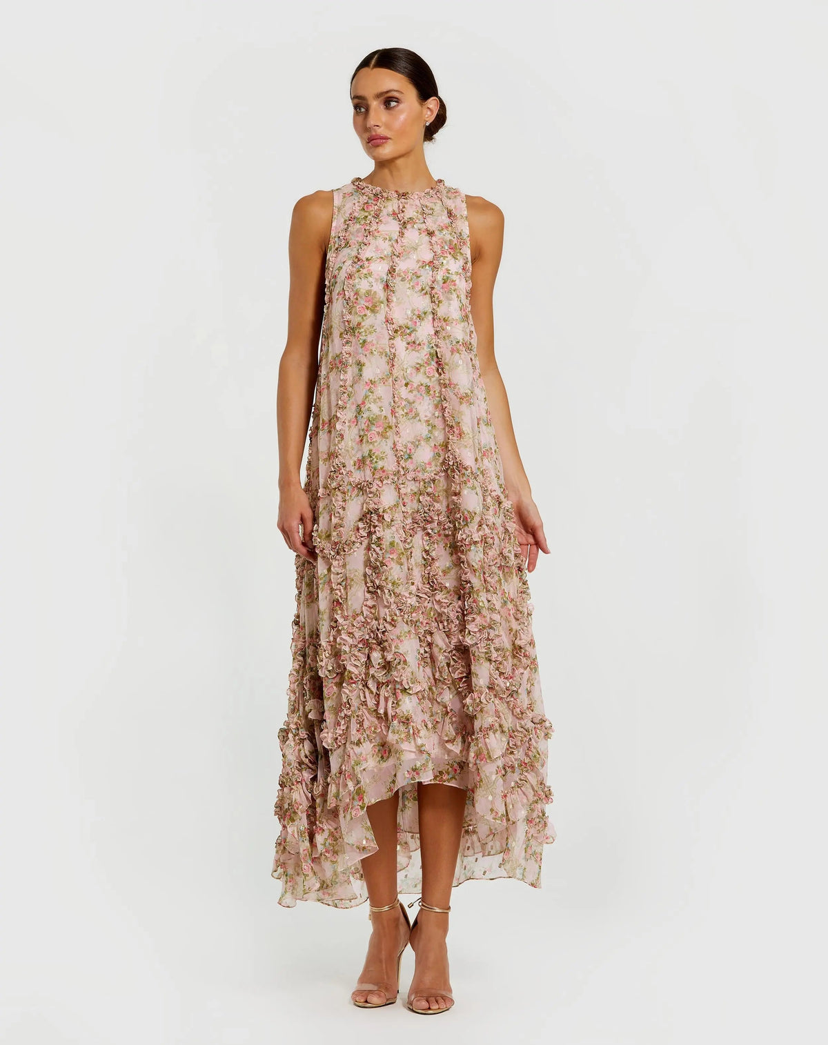 Mac Duggal Pink Sleeveless Floral Micro Ruffle Trapeze Midi Dress