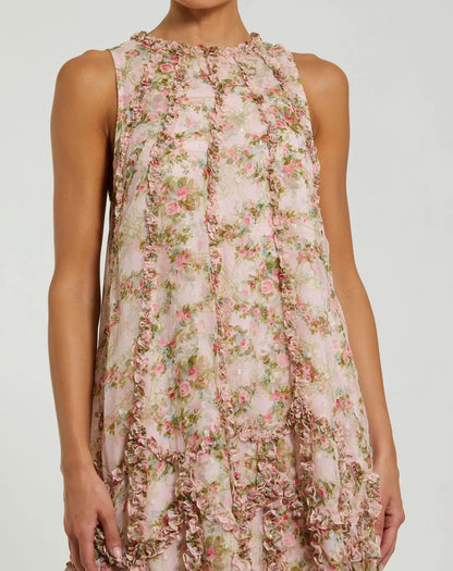 Mac Duggal Pink Sleeveless Floral Micro Ruffle Trapeze Midi Dress