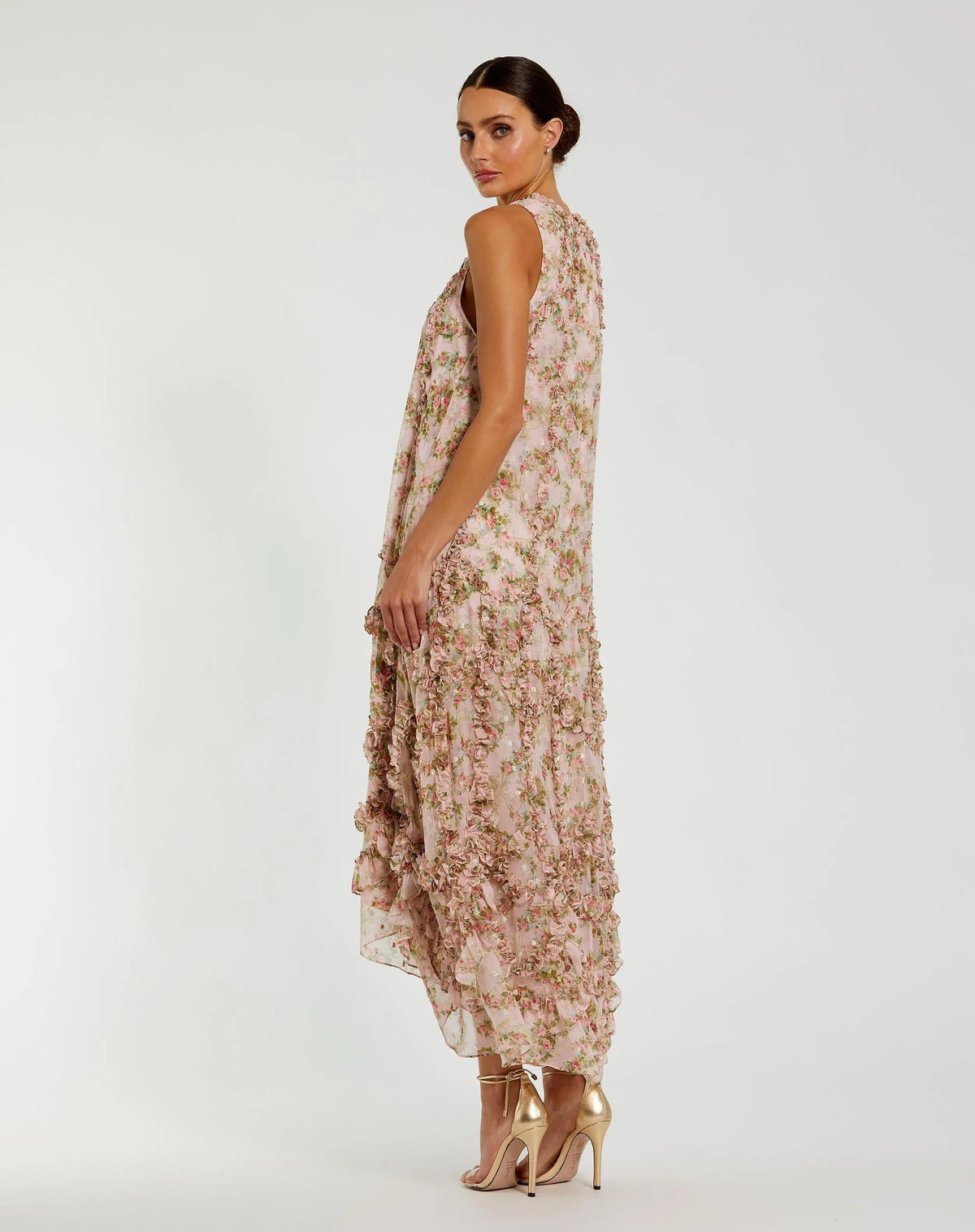 Mac Duggal Pink Sleeveless Floral Micro Ruffle Trapeze Midi Dress
