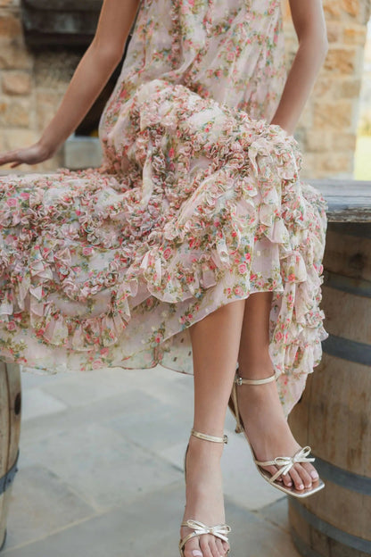 Mac Duggal Pink Sleeveless Floral Micro Ruffle Trapeze Midi Dress