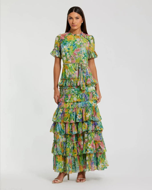 Mac Duggal Green Ruffle Tiered Chiffon Floral Dress
