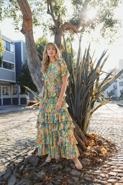 Mac Duggal Green Ruffle Tiered Chiffon Floral Dress