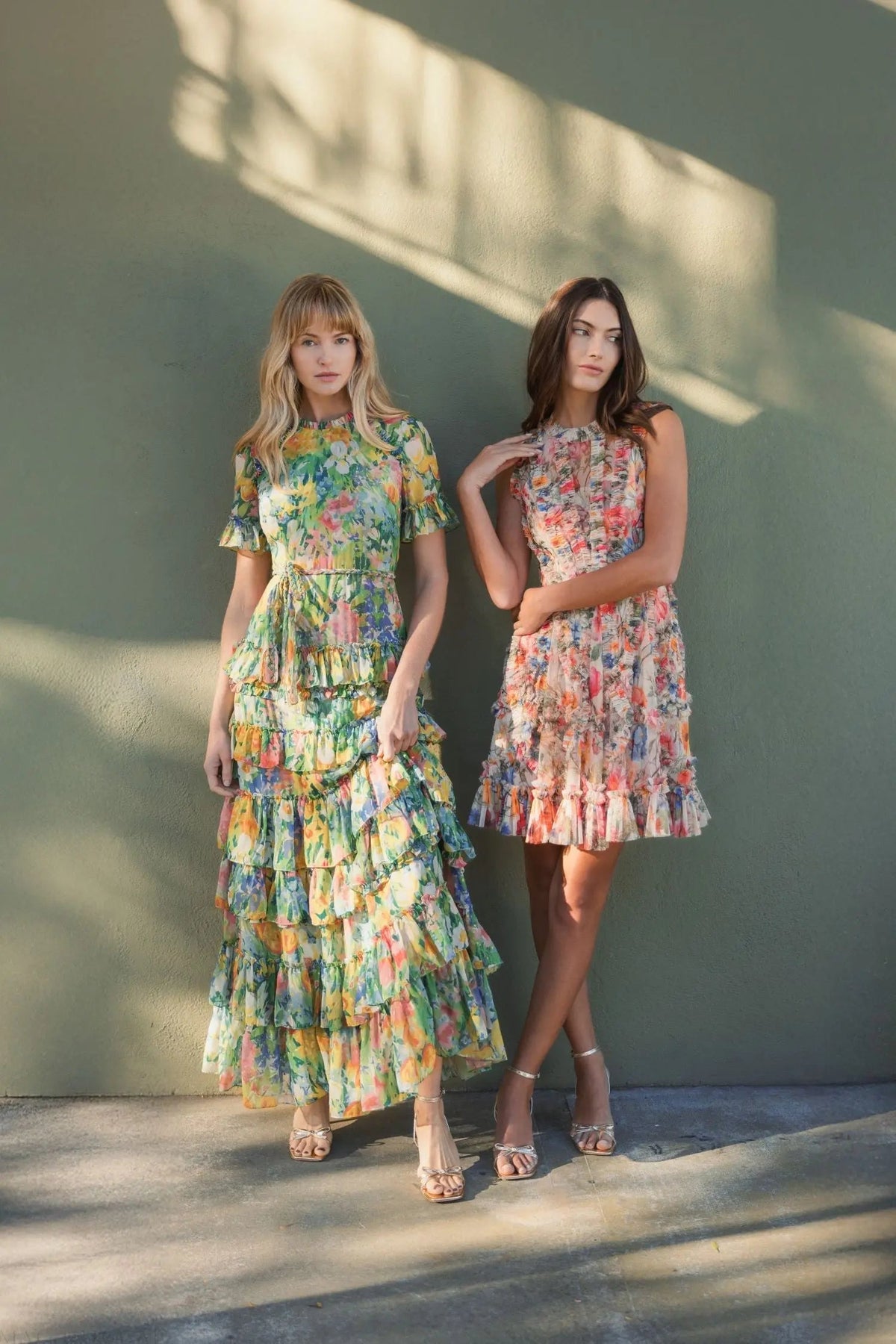 Mac Duggal Green Ruffle Tiered Chiffon Floral Dress