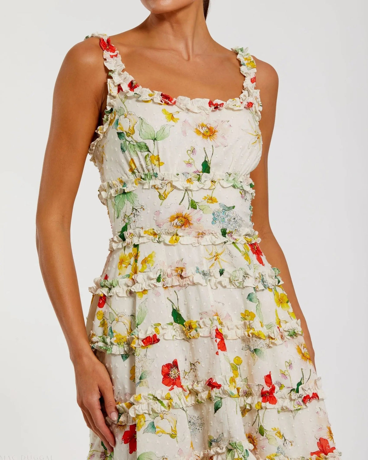 Mac Duggal Ivory Floral Square Neck Ruffle Mini Dress