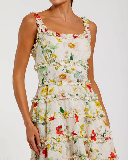 Mac Duggal Ivory Floral Square Neck Ruffle Mini Dress