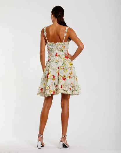 Mac Duggal Ivory Floral Square Neck Ruffle Mini Dress