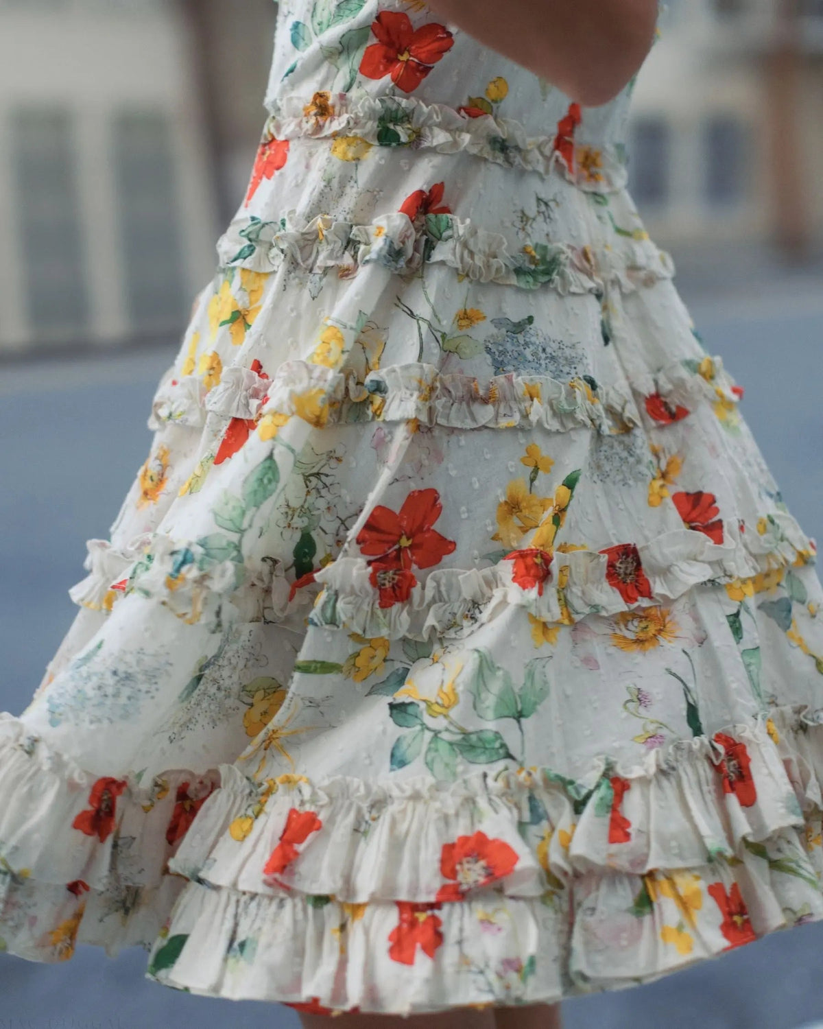 Mac Duggal Ivory Floral Square Neck Ruffle Mini Dress