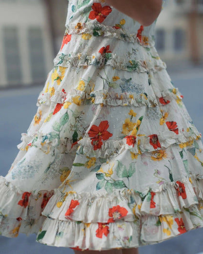 Mac Duggal Ivory Floral Square Neck Ruffle Mini Dress