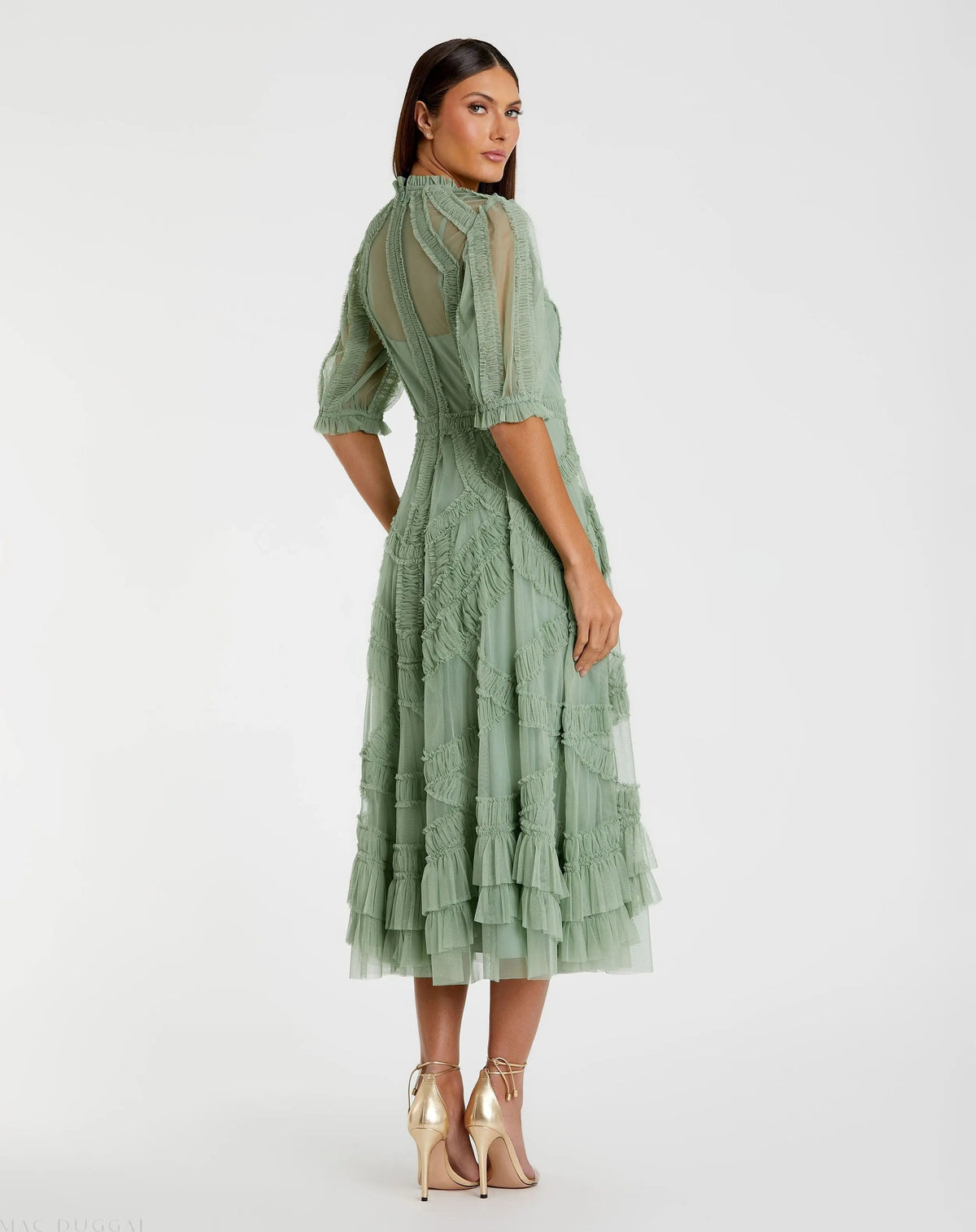 Mac Duggal Green High Neck Ruffle Tiered A-Line Midi Dress