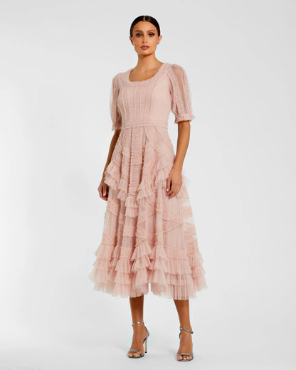 Mac Duggal Pink Short Sleeve Micro Ruffle Midi Dress