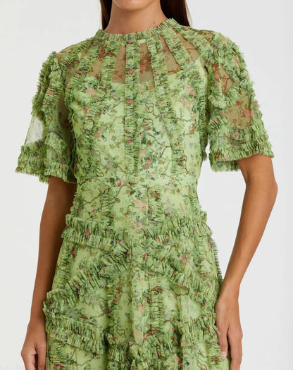 Mac Duggal Green Floral Midi Dress with Ruffle Detailing