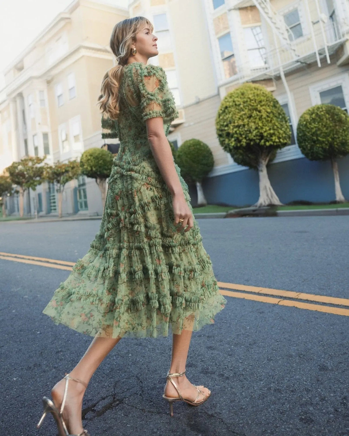 Mac Duggal Green Floral Midi Dress with Ruffle Detailing