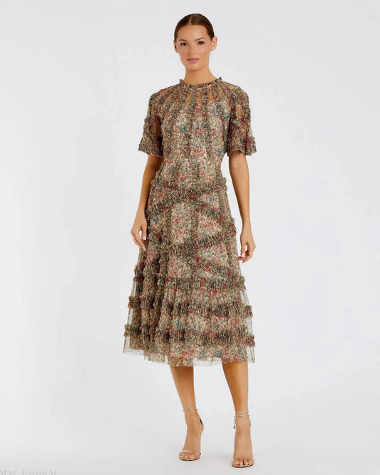 Mac Duggal Beige Floral Midi Dress with Ruffle Detailing