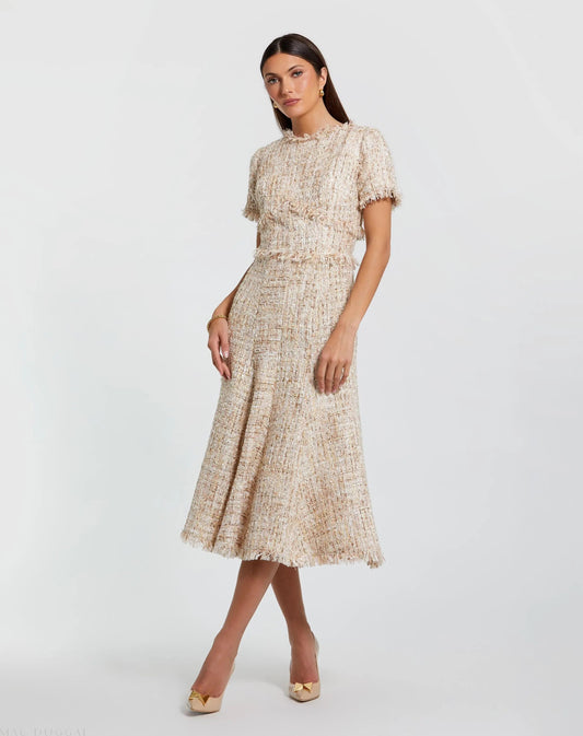 Mac Duggal Beige Boucle Short Sleeve A Line Midi Dress Duggal