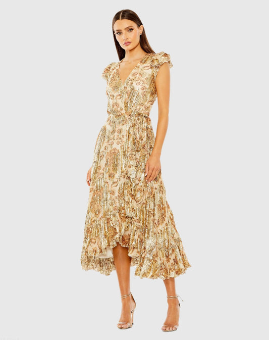 Mac Duggal Beige Flutter Sleeve Floral Dress with Wrap Detail