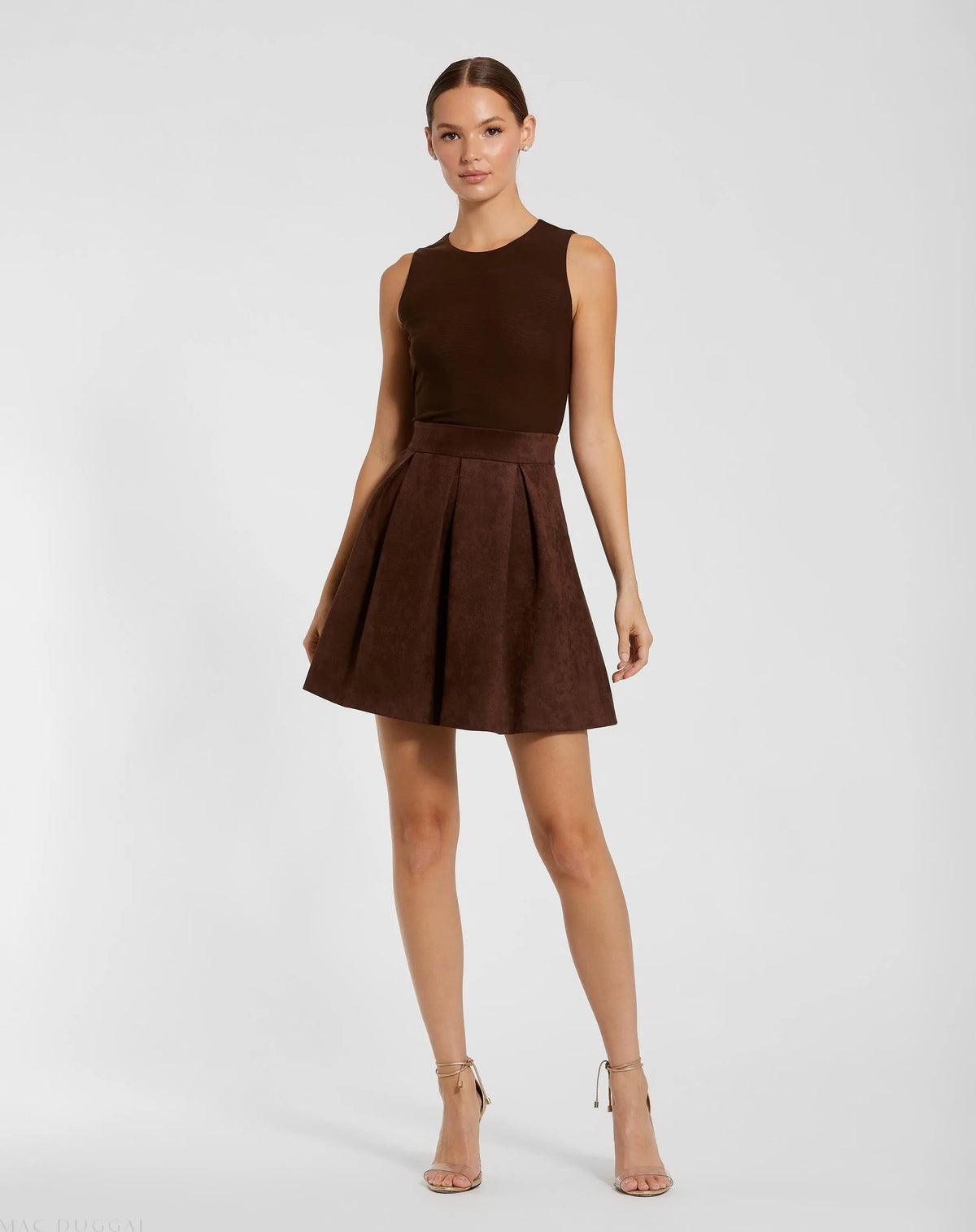 Mac Duggal Brown Sleeveless Mesh And Suede A Line Mini Dress