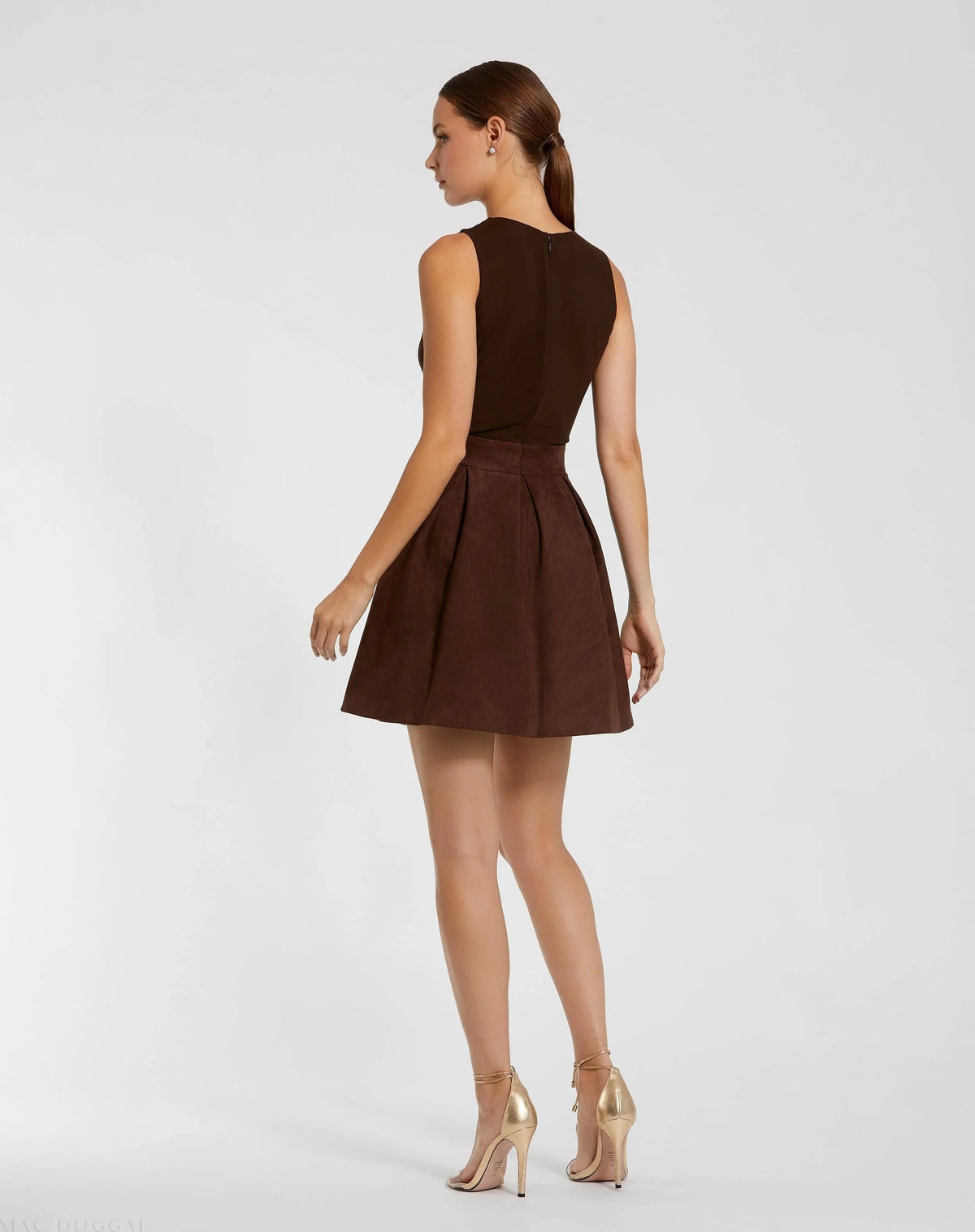Mac Duggal Brown Sleeveless Mesh And Suede A Line Mini Dress