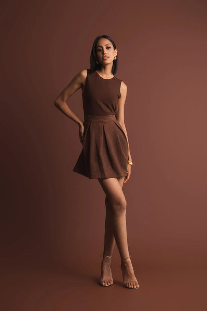 Mac Duggal Brown Sleeveless Mesh And Suede A Line Mini Dress