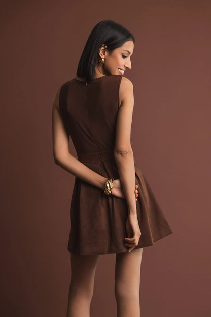 Mac Duggal Brown Sleeveless Mesh And Suede A Line Mini Dress