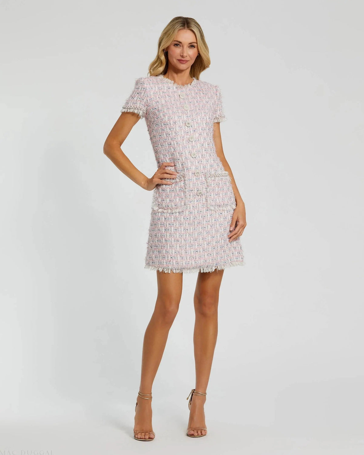 Mac Duggal Pink Cap Sleeve Floral Button Detail Shift Dress