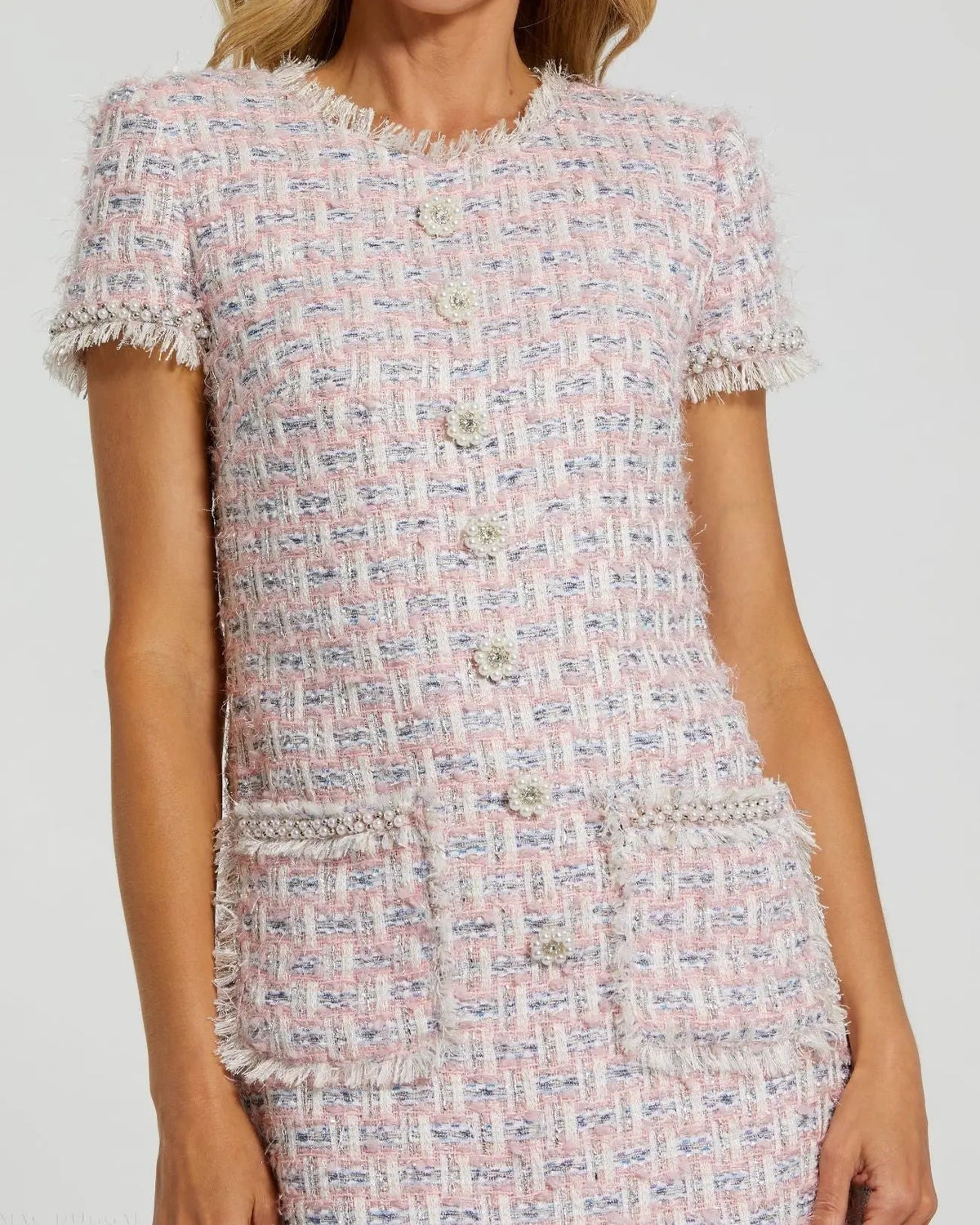 Mac Duggal Pink Cap Sleeve Floral Button Detail Shift Dress