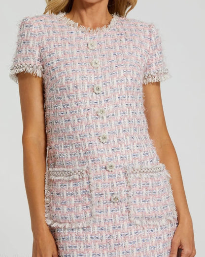Mac Duggal Pink Cap Sleeve Floral Button Detail Shift Dress