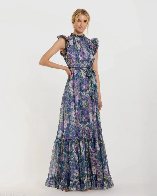 Mac Duggal Purple Floral Chiffon Cap Sleeve Gown