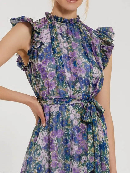 Mac Duggal Purple Floral Chiffon Cap Sleeve Gown