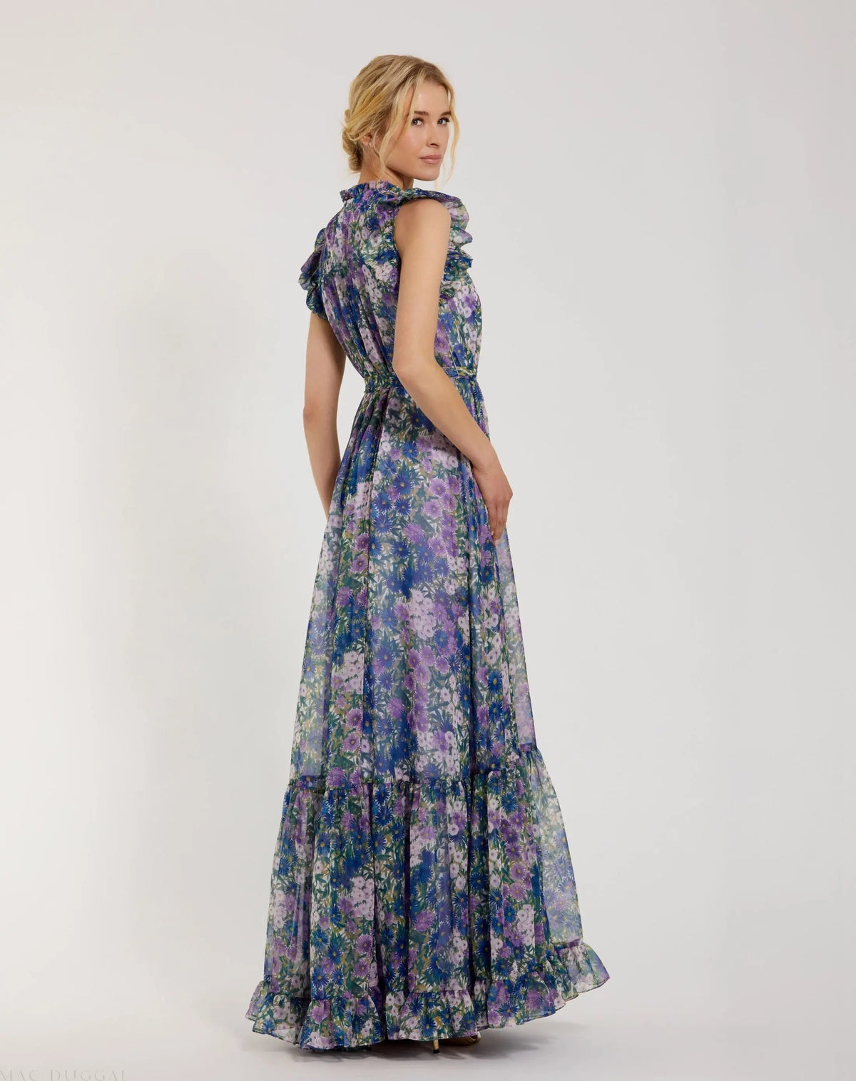 Mac Duggal Purple Floral Chiffon Cap Sleeve Gown