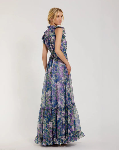 Mac Duggal Purple Floral Chiffon Cap Sleeve Gown