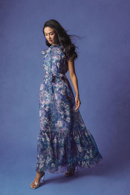 Mac Duggal Purple Floral Chiffon Cap Sleeve Gown