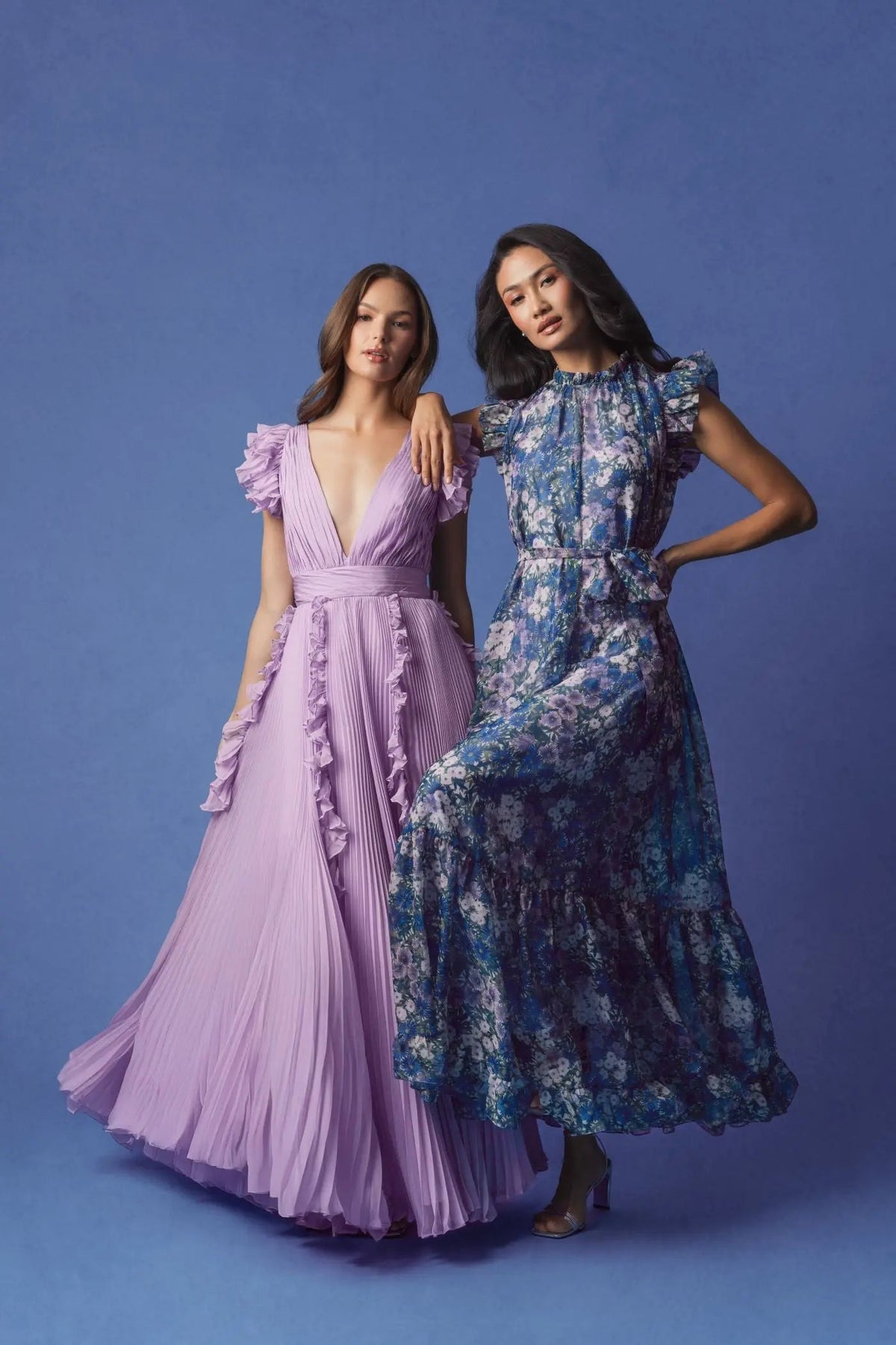 Mac Duggal Purple Floral Chiffon Cap Sleeve Gown