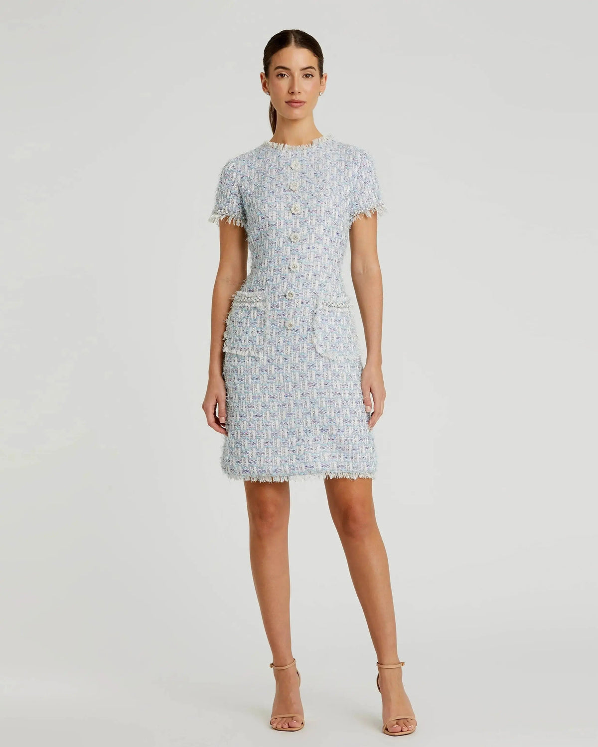 Mac Duggal Blue Cap Sleeve Floral Button Detail Shift Dress