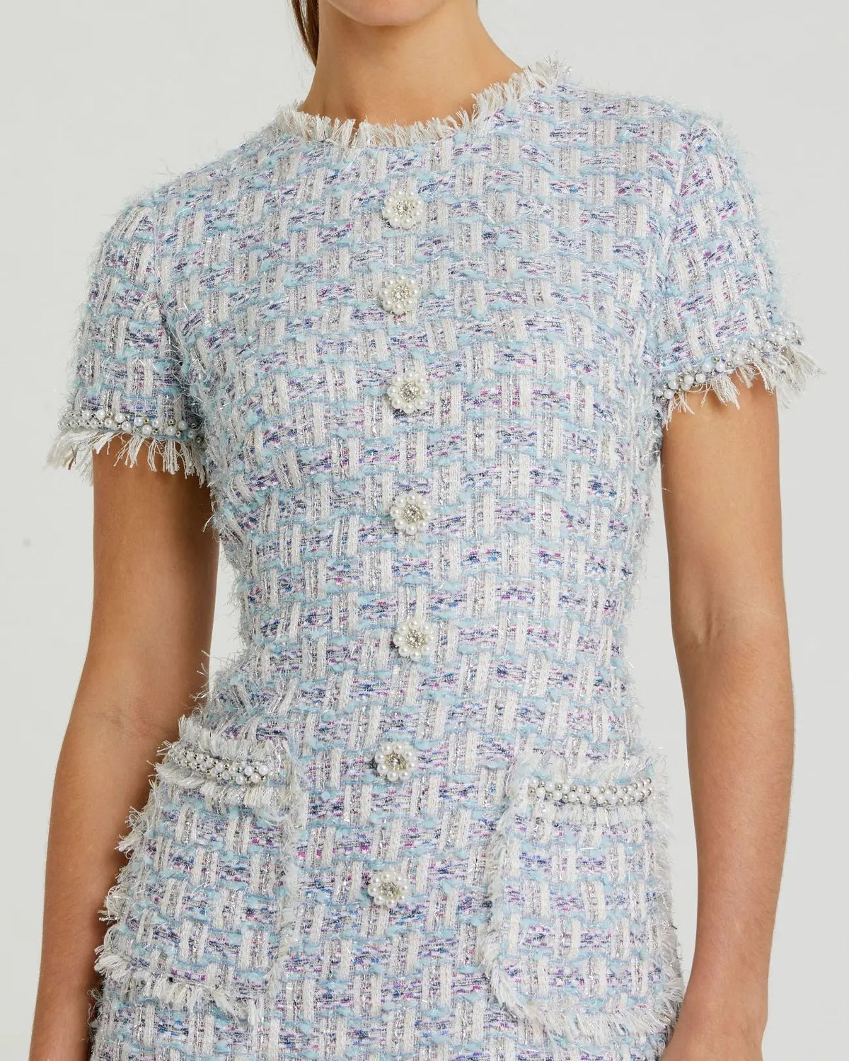 Mac Duggal Blue Cap Sleeve Floral Button Detail Shift Dress