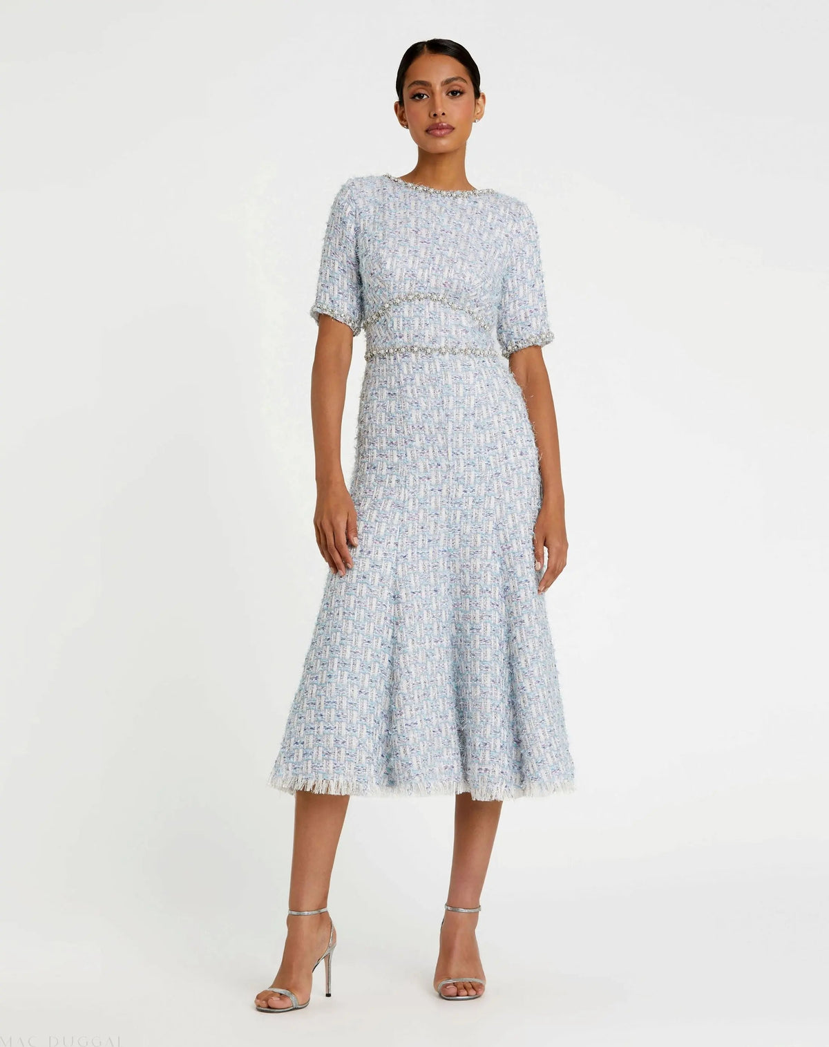 Mac Duggal Blue Short Sleeve Beaded Trim Boucle Midi Dress
