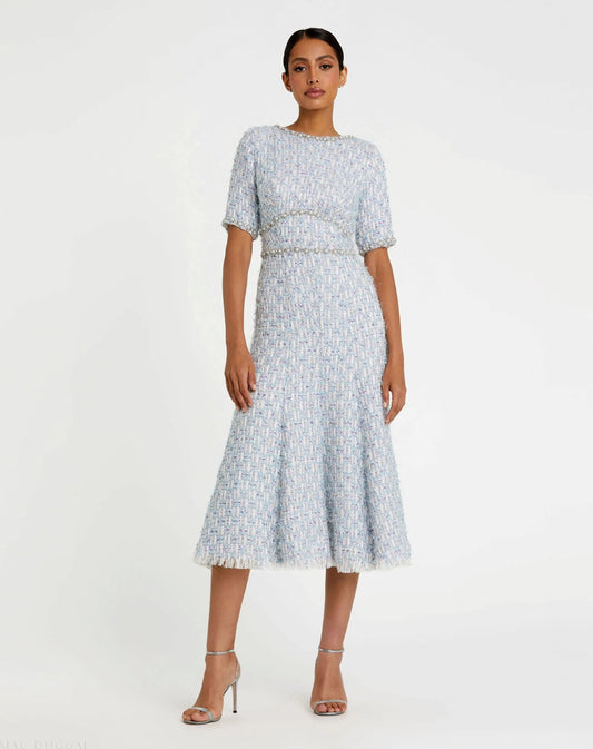 Mac Duggal Blue Short Sleeve Beaded Trim Boucle Midi Dress